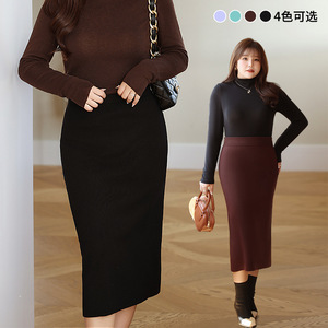 Jupe longue en tricot taille haute Runqi N8538, couleur unie, pour femme, automne-hiver, grande taille, marron - Product Image 4