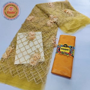 <span class=keywords><strong>Tissu</strong></span> en maille africaine française de couleur pêche avec Bazin Rich, matière originale pour les femmes nigérianes, mariage, mariée, dentelle française en tulle - Product Image 6
