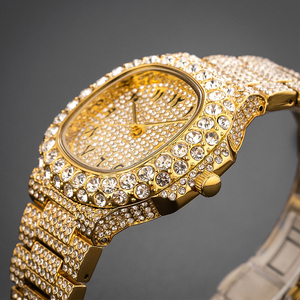 Hot Selling fashion Luxury Gold-Tone Full Diamond Encrusted <b>Watch</b> Arabic Numerals Dial Gold Steel Band Men's Hip Hop Wristwatch - Product Image 6