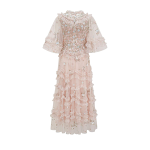 Dulce elegante vestido de cintura media Europeo Americano punto bordado malla <span class=keywords><strong>rosa</strong></span> hasta la rodilla mariposa XS para organizar banquetes fiestas - Product Image 5