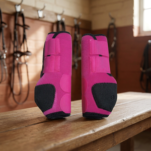 Protège-jambes équestres en nylon rose et acier inoxydable avec rembourrage noir pour les pattes avant et arrière - Product Image 2