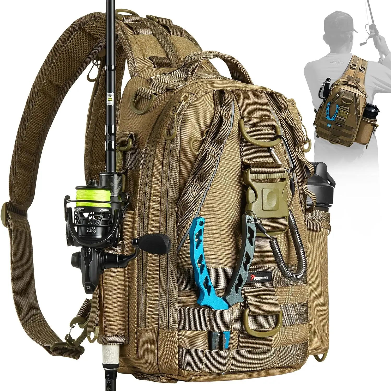 Fishing Tackle Backpack with Rod Gear Holder Water-Resistant Sling Storage Bag Shoulder Pack Fanny Pack for Hiking Hunting