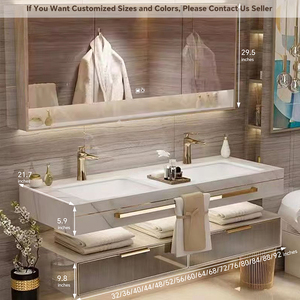 Meuble-lavabo mural moderne pour hôtel et villa, avec vasque simple/double, miroir LED intelligent anti-buée et armoire intégrée, en bois, résistant à l'eau - Product Image 6