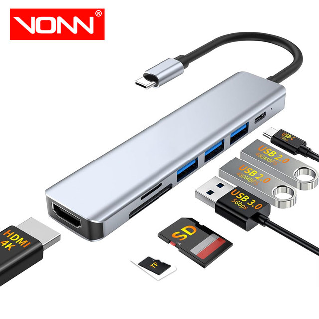 Multiport USB-C Hub 7-in-1 Aluminum Alloy Docking Station with HDTV SD/MicroSD TF Slots USB 3.0/2.0 in Stock for Laptop & Phone