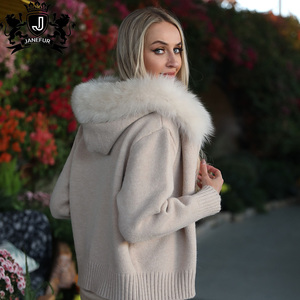 Janefur 2026 Fashion Comfortable Fox Fur Collar <strong>Hooded</strong> Zipper Women Knitted <strong>Cardigan</strong> <strong>Ladies</strong> Fox Fur <strong>Cardigan</strong> - Product Image 5