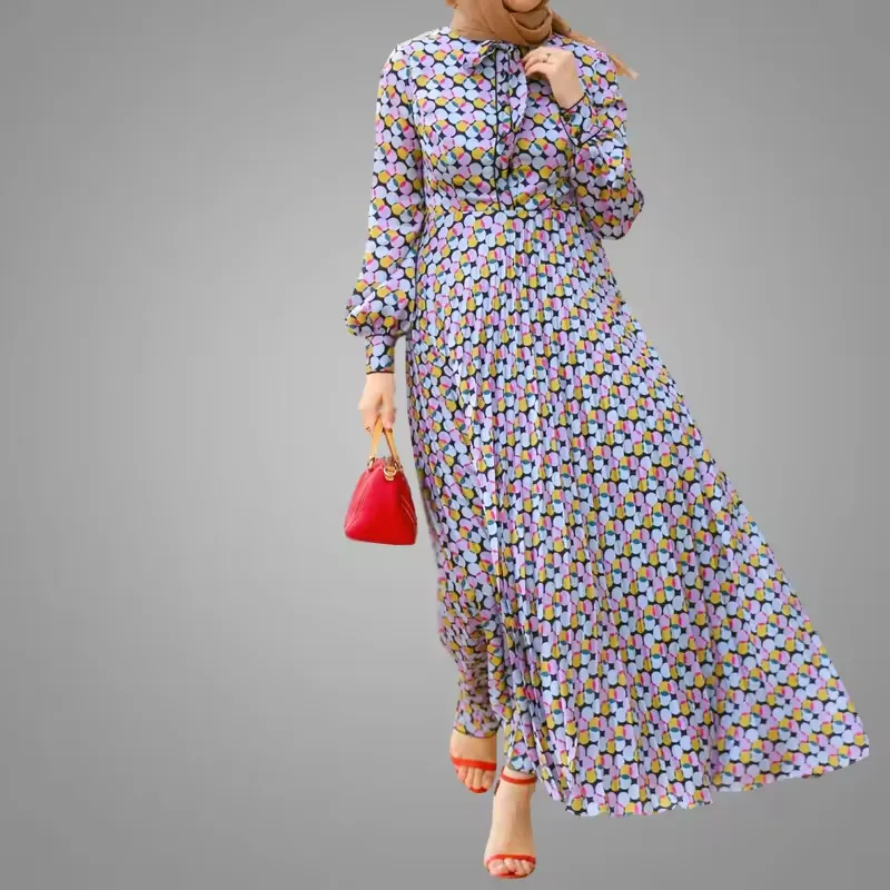 2024 Nieuwe Moderne Marokkaanse Stijl Kaftan Jurken Nieuw Model Abaya In Dubai 100% Polyester Geprinte Stijl Lange Mouwen Maxi Jurk