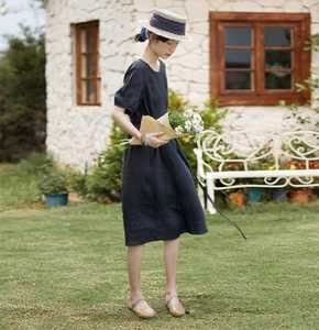 <b>Women's</b> Knitted <b>Linen</b>/Cotton Maxi A-Line <b>Dress</b> Puffed Short Sleeves V-Neck Belt Casual Breathable Eco-Friendly Washable Plus - Product Image 2