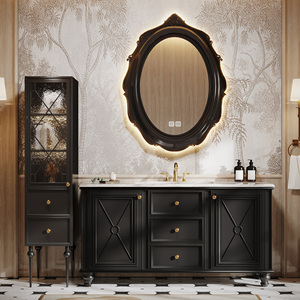 Mueble de Baño de Diseño Francés con Lavabo de Piedra y Espejo Inteligente Antivaho, Mueble de Madera Maciza con Amplio Espacio de Almacenamiento - Product Image 1