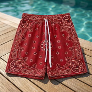 Shorts en maille sublimée rouge cramoisi taille mi-haute à imprimé bandana, style streetwear athleisure, haute élasticité - Product Image 3