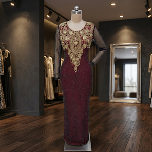Robe de soirée moulante de luxe en satin respirant, brodée, noire et bordeaux, pour occasions formelles - Product Image 4