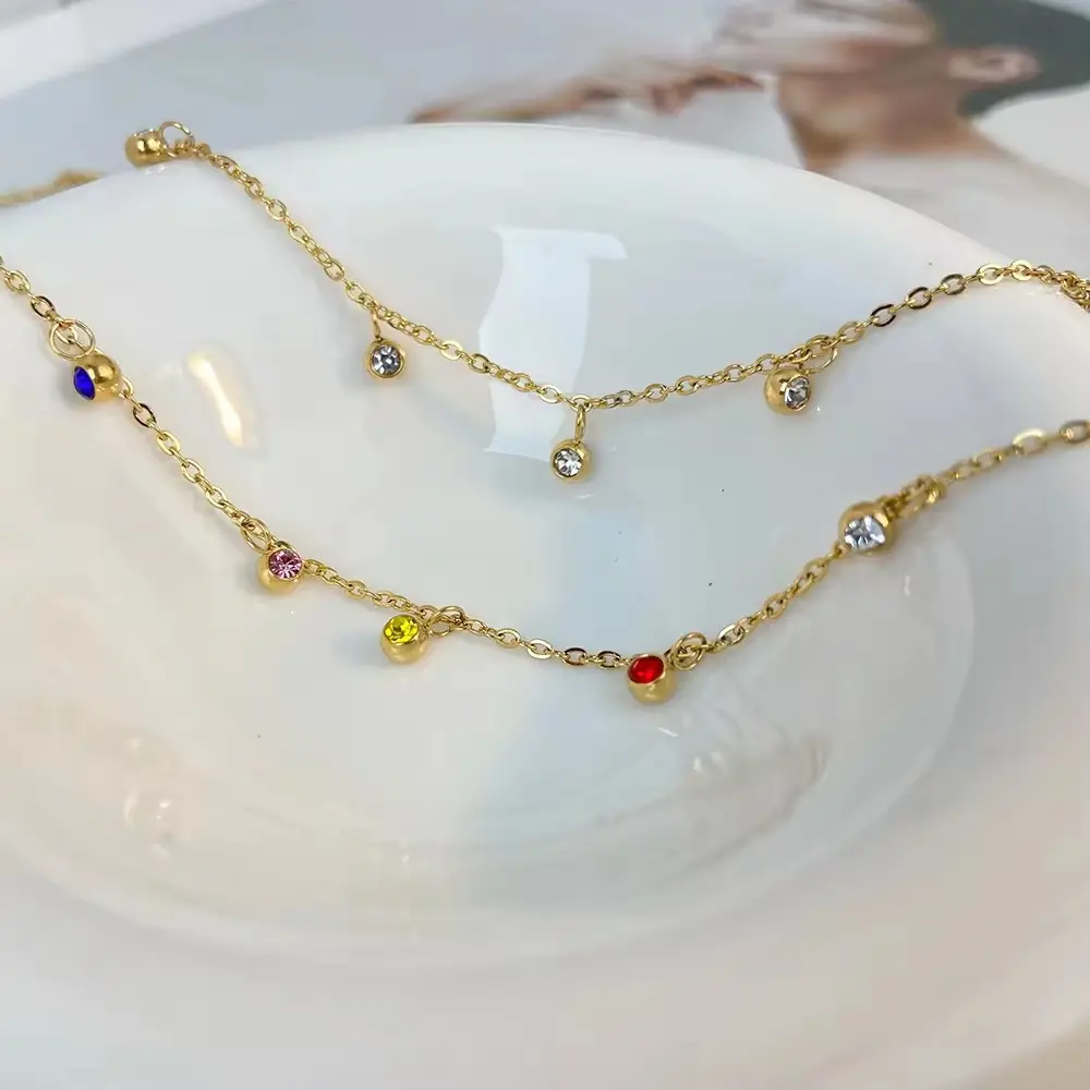 Gold Plated Beads Gemstone Cz Crystal Colored Zircon Necklace Jewelry Fashion Jewelry Stainless Steel 2024