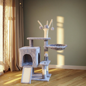 Poste Rascador para Gatos de Estilo Moderno, Construcción de Madera con Plataforma de Salto y Casa para Gatos Grandes, para Espacios Pequeños, Empaquetado en Cartón - Product Image 6