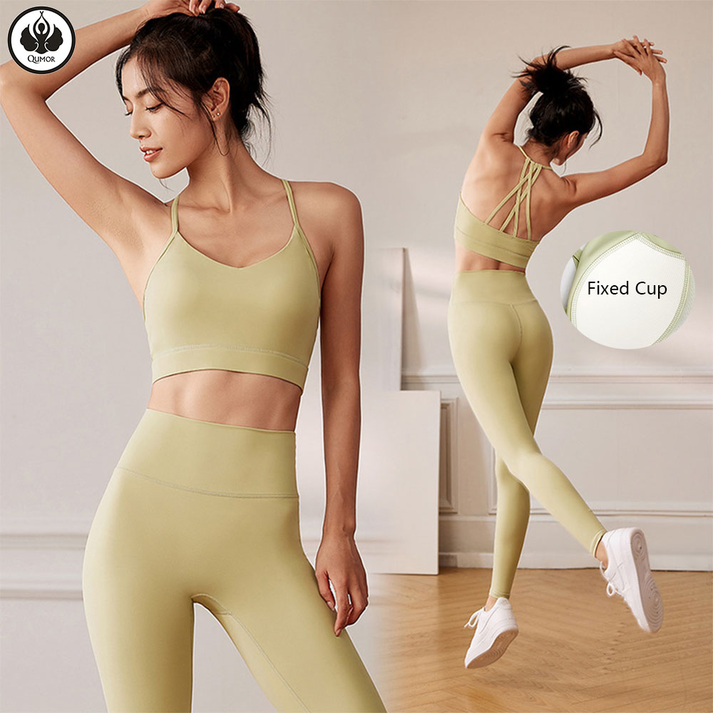 QUMOR Solid Breathable Plus Size High Waist Sports Yoga Clothes Set Shockproof Anti-sagging Sports Bra Buttock Lifting Abdominal