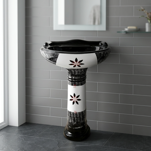 Juego de lavabo de cerámica con estampado de flores, lavamanos con Pedestal, para uso doméstico, baño, artículos sanitarios, OEM, Color naranja - Product Image 3
