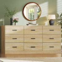 Commode à 9 tiroirs pour chambre à coucher, 60'' de long, style Mid-Century Modern, en panneaux de particules, grand rangement vintage pour chambre