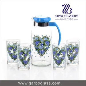 Factory cheap South-American glass pitcher set custom 5pc high quality glass jug set with printing logo with poly foam packaging