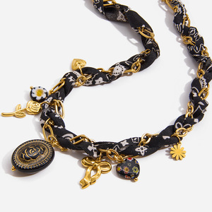 Retro <b>Black</b> <b>Heart</b> Flower Rope Necklace With Charms Stainless Steel Women's Jewelry Gift - Product Image 1