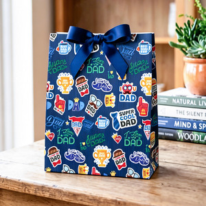 DAD-Themed Gift Bag With Stickers And Phrases <b>Blue</b> Coated Art <b>Paper</b> Recyclable For Gift And Craft Use - Product Image 1