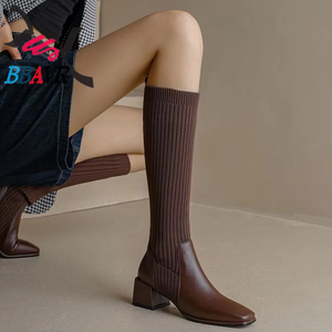 Botas de Combate Largas de Malla y Cuero para Mujer, con Tacón Alto, Aumentan la Estatura, para Otoño y Primavera, Moda 2024 - Product Image 2