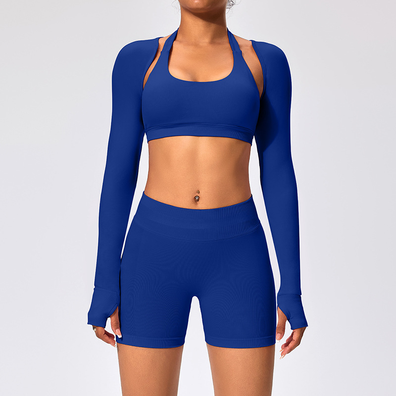 Electric blue shorts, shawl, and bra three-piece set