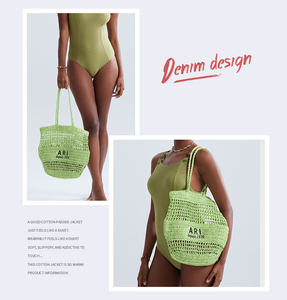 Tùy chỉnh thêu logo handmade Crochet rơm Tote túi phụ nữ mây lưới bãi biển Túi tam giác rỗng thiết kế với Polyester Pouch - Product Image 4