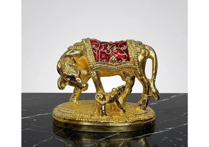 OM Shubh Labh Gold Plated Cow and Calf Figurine Kamadhenu Idol <b>Religious</b> Home Decor Decorative Gift <b>Statue</b> - Product Image 3