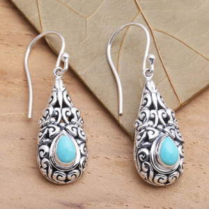 Boucles d'oreilles pendantes vintage E4577 en argent antique avec turquoise sertie, bijoux de mode pour femmes - Product Image 3