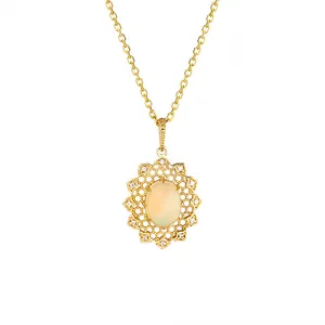 10K Solid Gold Gemstone Series Palace Style Lace Natural Opal Pendant Necklace