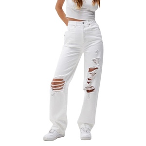 Ripped Hole Distressed Women <strong>White</strong> Denim Jeans Trendy Straight Fit <strong>Lady</strong> <strong>Trousers</strong> Jeans Washed Denim Cargo Pants for Women - Product Image 2