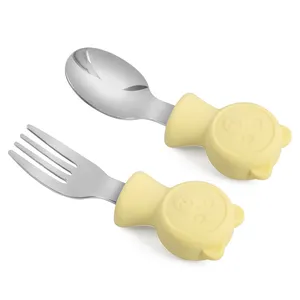 Stainless Steel Silicone Spoons Feeding Tool Dining Training Baby Spoon And Fork Set For Kids Toddler