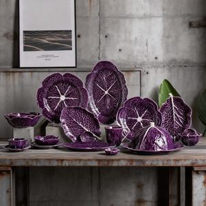 Service <span class=keywords><strong>de</strong></span> table en porcelaine à motif <span class=keywords><strong>de</strong></span> feuilles violet foncé, 6 pièces, bol et assiette en relief <span class=keywords><strong>de</strong></span> <span class=keywords><strong>chou</strong></span>, luxe, maison, passe au micro-ondes, élégant - Product Image 3