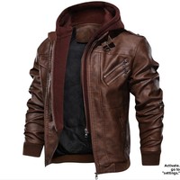Veste en simili cuir pour homme style motard rétro C2907 - Veste de moto décontractée marron avec capuche amovible