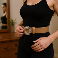 Cinturón redondo de PU con hebilla de diamantes para mujer, accesorios de moda.