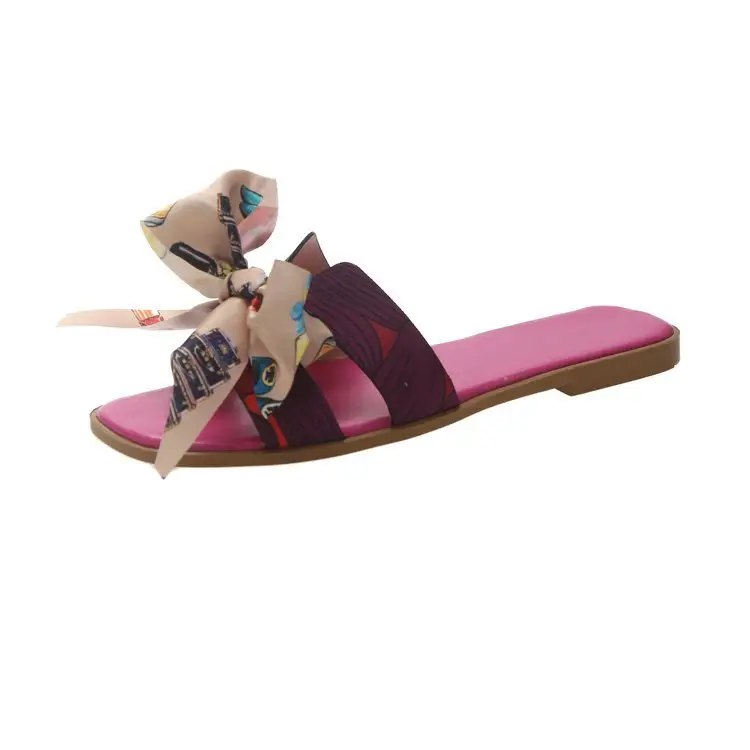 女性のための弓のカラフルなフラットスライドサンダル夏のビーチサンダルスリッパボヘミアドレスレスシューズレディースファッションスライド