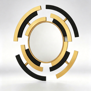 Miroir mural rond abstrait noir et or de luxe, miroir décoratif incurvé et assemblé de style Art déco moderne pour entrée d'hôtel ou de villa - Product Image 1