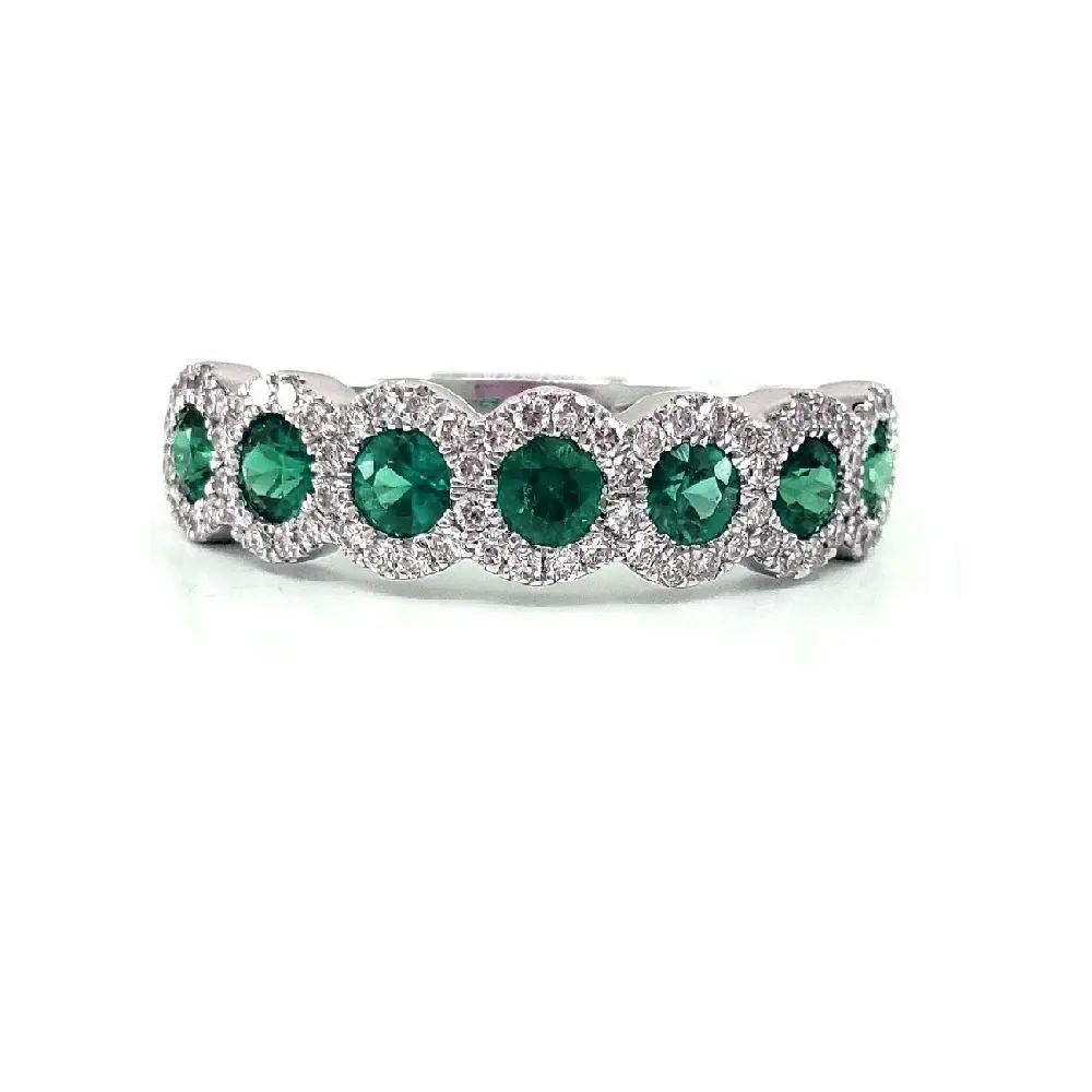 Graceful Stackable Design 18 18k White Gold VS SI Round Diamond Jewelries Green Emerald Half Way Band Ring For Donna