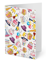 Kit d'emballage cadeau en papier recyclable avec motif de gâteau d'anniversaire dessiné à la main, comprenant boîte, carte de vœux et étiquette cadeau