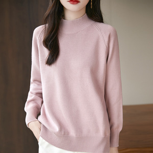 Suéter de cuello alto para mujer, tejido grueso de algodón, otoño-invierno, cuello medio, manga raglán holgada, color liso, capa base - Product Image 2