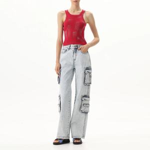 กางเกงยีนส์ขายส่งสั่งทำพิเศษสำหรับผู้หญิง กางเกงลำลองทรงหลวม กางเกงคาร์โก้หลายกระเป๋า กางเกงยีนส์ขากว้างสีน้ำเงิน - Product Image 1