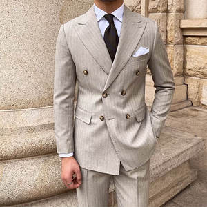 Costume sur mesure pour <span class=keywords><strong>homme</strong></span>, beige à fines rayures, blazer en polyester à revers large, tenue formelle pour mariages printaniers en plein air et événements de club de campagne - Product Image 2