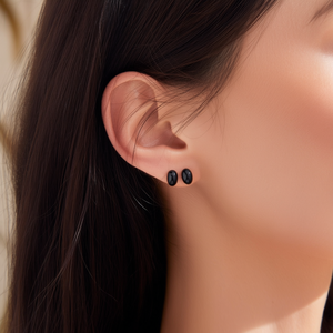 Fashion <b>Stud</b> <b>Earrings</b> 316L Stainless Steel PVD Gold Plating Sustainable Resistant Oval Shape <b>Black</b> Color - Product Image 3