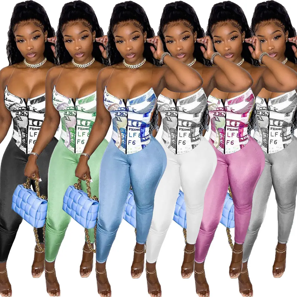 Women's Club Sexy Clothes 2 Piece Outfits for Women Summer Two Piece Set Ladies Sexy Spaghetti Strap Print Corset Top Pants Suit