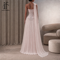Robe de mariée personnalisée vintage rose poudré, asymétrique à une épaule, avec décolleté cœur, appliques de dentelle perlées, en mousseline plissée, coupe trapèze, avec traîne, OEM