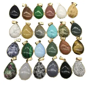 Crystal Semi-precious Stone Agate Necklace Teardrop Shape Coated with Water Drop Pendant Turquoise with Gold Chain