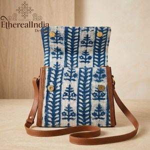 Handmade Eco Friendly Indigo Block Print Clutch with Zipper Closure and Two Shoulder Straps Cotton <b>Rug</b> <b>Boho</b> Purse - Product Image 3