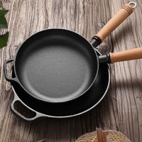 Wajan Penggorengan Pancake Besi Cor Genggam, Alas Multi-Lapisan Komposit, Tutup Kayu, Universal untuk Gas dan Induksi, Tanpa Lapisan Anti Lengket