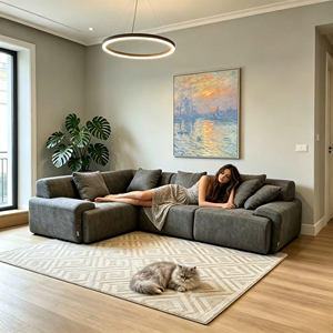 Sofá Modular Compacto de Lino Estilo Nube Crema, Diseño Comprimido al Vacío, Totalmente de Esponja, Ideal para Salas Pequeñas y Uso Hotelero - Product Image 4