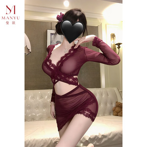 Manyu Erotic Lingerie Open-front High-end Purple Night Battle Robe Lace Patchwork Tempting See-through No-Removal Secretary - Product Image 4
