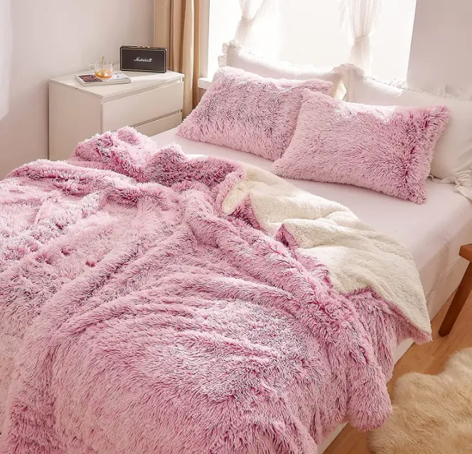 Pink Luxury Faux Fur Duvet Cover Cute Plush Comforter Set