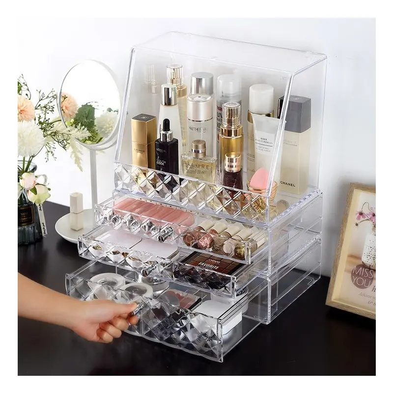 Extra large desk clamshell stackable dustproof cosmetic make up jewelry storage drawer plastic makeup organizer set